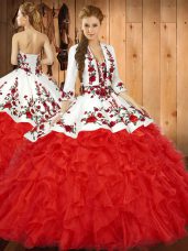 Dazzling Red Ball Gowns Tulle Sweetheart Sleeveless Embroidery and Ruffles Floor Length Lace Up 15th Birthday Dress
