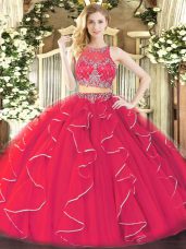 Chic Coral Red Sweet 16 Dress Military Ball and Sweet 16 and Quinceanera with Ruffles Scoop Sleeveless Zipper