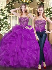 Sleeveless Floor Length Beading and Ruffles Lace Up Vestidos de Quinceanera with Purple