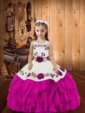 Fuchsia Organza Lace Up Pageant Dress for Girls Sleeveless Floor Length Beading and Ruffles