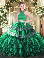 Adorable Dark Green Halter Top Neckline Beading and Embroidery and Ruffles Ball Gown Prom Dress Sleeveless Backless