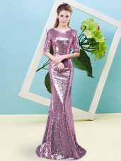Scoop Half Sleeves Evening Dress Floor Length Sequins Fuchsia Sequined