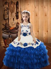 Latest Organza Straps Sleeveless Lace Up Embroidery and Ruffles Girls Pageant Dresses in Blue