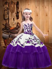 Sleeveless Organza Floor Length Lace Up Child Pageant Dress in Purple with Embroidery