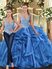 Pretty Straps Sleeveless 15 Quinceanera Dress Floor Length Beading and Ruffles Blue Tulle
