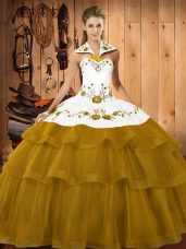 Flirting Satin and Organza Halter Top Sleeveless Brush Train Lace Up Embroidery and Ruffled Layers Quinceanera Gowns in Olive Green