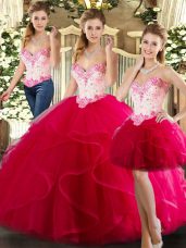 Floor Length Three Pieces Sleeveless Hot Pink 15 Quinceanera Dress Lace Up