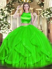 Perfect Sleeveless Floor Length Ruffles Criss Cross Vestidos de Quinceanera with Green