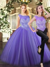 Admirable Floor Length Lavender Sweet 16 Dress Tulle Sleeveless Beading