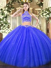 Beauteous High-neck Sleeveless Quinceanera Gown Floor Length Beading Blue Tulle