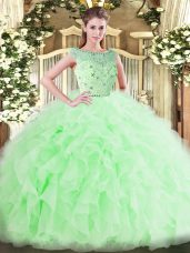 Sleeveless Floor Length Beading and Ruffles Zipper 15 Quinceanera Dress with Apple Green