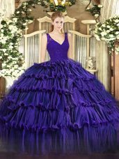 Purple Organza Backless Ball Gown Prom Dress Sleeveless Floor Length Beading and Lace and Ruffled Layers