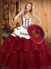 Best Selling Burgundy 15 Quinceanera Dress Tulle Sweep Train Sleeveless Embroidery and Ruffled Layers