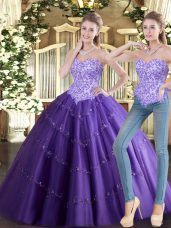 Fashion Purple Ball Gowns Beading Ball Gown Prom Dress Lace Up Tulle Sleeveless Floor Length