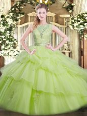 Suitable Scoop Sleeveless Backless Sweet 16 Dresses Yellow Green Tulle