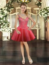 Sumptuous Coral Red V-neck Lace Up Beading Dress for Prom Sleeveless