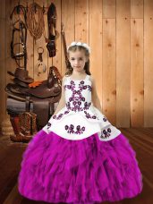 Fancy Straps Sleeveless Little Girl Pageant Gowns Floor Length Embroidery and Ruffles Fuchsia Organza