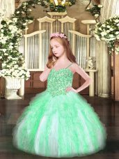 Elegant Sleeveless Floor Length Appliques and Ruffles Lace Up Little Girls Pageant Dress Wholesale with Apple Green