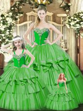 Green Sleeveless Organza Lace Up Ball Gown Prom Dress for Military Ball and Sweet 16 and Quinceanera