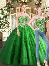 Dynamic Floor Length Lace Up Sweet 16 Dresses Green for Military Ball and Sweet 16 and Quinceanera with Beading