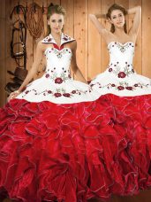 Extravagant Sleeveless Satin and Organza Floor Length Lace Up Quinceanera Dresses in White And Red with Embroidery and Ruffles
