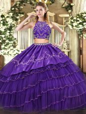 Purple Two Pieces Tulle High-neck Sleeveless Beading and Embroidery and Ruffled Layers Floor Length Zipper 15th Birthday Dress