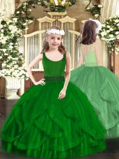 Scoop Sleeveless Little Girls Pageant Dress Wholesale Floor Length Beading and Ruffles Dark Green Tulle