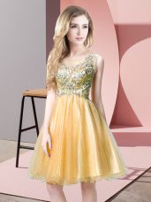 Gold Empire Tulle Scoop Sleeveless Beading Knee Length Zipper Prom Evening Gown