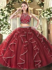 Noble Sleeveless Floor Length Beading and Ruffles Zipper Quinceanera Gown with Burgundy