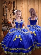 Excellent Royal Blue Off The Shoulder Neckline Beading and Embroidery High School Pageant Dress Sleeveless Lace Up