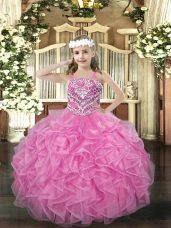Rose Pink Ball Gowns Straps Sleeveless Organza Floor Length Lace Up Beading and Ruffles Kids Pageant Dress