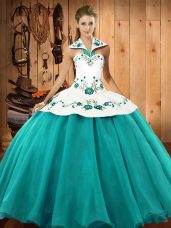 New Arrival Turquoise Quinceanera Gowns Military Ball and Sweet 16 and Quinceanera with Embroidery Halter Top Sleeveless Lace Up