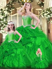 Green Sleeveless Floor Length Beading and Ruffles Lace Up Quinceanera Dresses