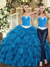 Teal Tulle Lace Up Sweetheart Sleeveless Floor Length 15 Quinceanera Dress Ruffles