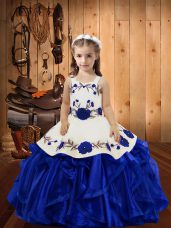 Great Royal Blue Sleeveless Embroidery and Ruffles Floor Length Girls Pageant Dresses
