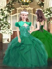 Dark Green Straps Lace Up Beading and Ruffles Little Girl Pageant Dress Sleeveless