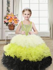 Sleeveless Floor Length Beading and Ruffles Lace Up Little Girl Pageant Dress with Multi-color