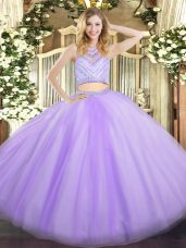 Scoop Sleeveless Quinceanera Dresses Floor Length Beading Lavender Tulle
