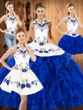 Halter Top Sleeveless Satin and Organza Quinceanera Gown Embroidery and Ruffles Lace Up