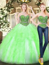 New Style Yellow Green Tulle Lace Up Quince Ball Gowns Sleeveless Floor Length Beading and Ruffles