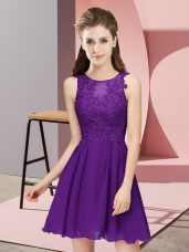 Discount Sleeveless Chiffon Mini Length Zipper Bridesmaid Gown in Purple with Appliques