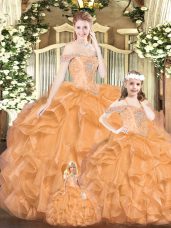 Extravagant Orange Red Tulle Lace Up Off The Shoulder Sleeveless Floor Length Quinceanera Dresses Beading and Ruffles