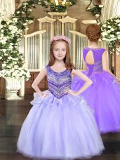 Admirable Sleeveless Floor Length Beading Lace Up Party Dress for Girls with Lavender