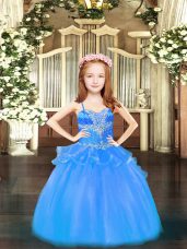 Sleeveless Floor Length Beading Lace Up Child Pageant Dress with Baby Blue