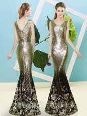 Gold Sleeveless Floor Length Sequins Zipper Evening Dress