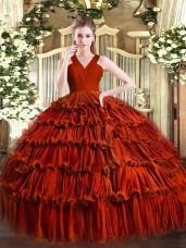 Nice Floor Length Zipper Ball Gown Prom Dress Rust Red for Military Ball and Sweet 16 and Quinceanera with Ruffled Layers