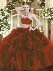 Eye-catching Floor Length Rust Red Quince Ball Gowns High-neck Sleeveless Backless