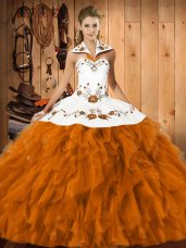 Deluxe Floor Length Orange Red Sweet 16 Dress Satin and Organza Sleeveless Embroidery and Ruffles