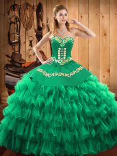 Elegant Green Ball Gowns Halter Top Sleeveless Satin and Organza Floor Length Lace Up Embroidery and Ruffled Layers Quinceanera Dresses