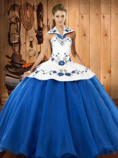 Floor Length Ball Gowns Sleeveless Blue And White Quinceanera Dresses Lace Up